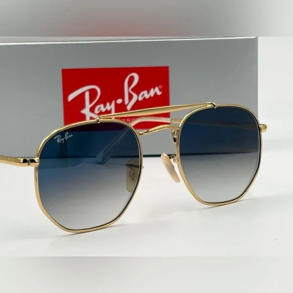 Ray-Ban Sunglasses Marshal II RB3648 Aviator Gold Hexagon Frame Light Blue 360 - Picture 3 of 15